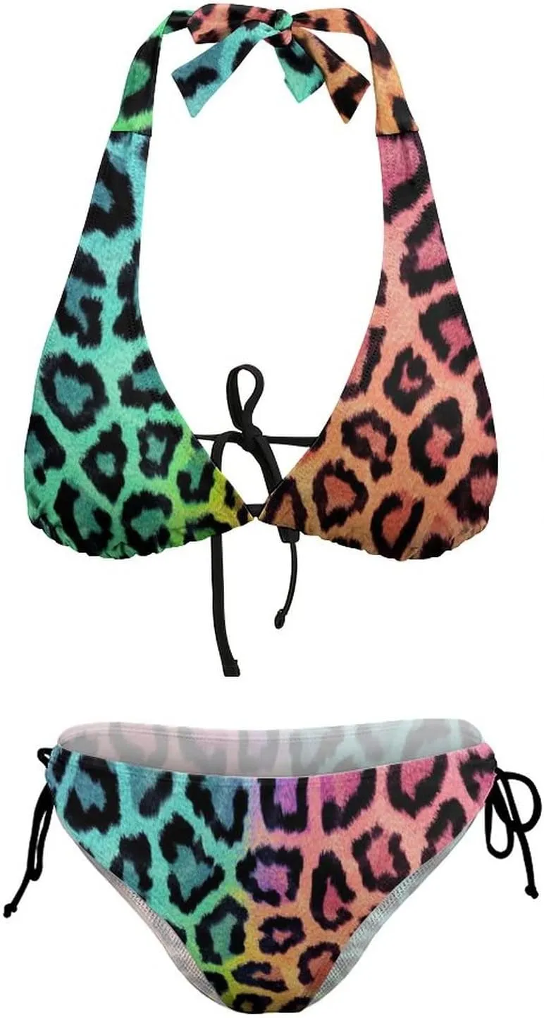 Women's Leopard Print Swimsuit Halter Padded Top Tie Side Bottom Triangle Bikini Sets