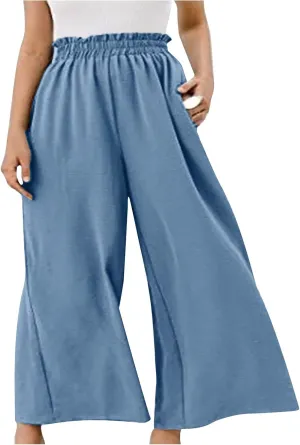 Womens Linen Capri Pants Wide Leg Palazzo Lounge Pant Summer High Waisted Flowy 2024 Beach Work Boho Casual Trousers