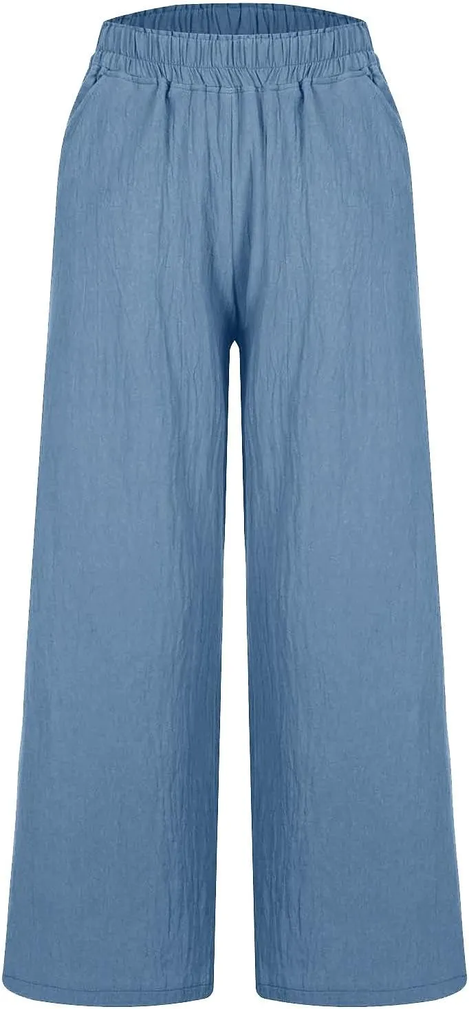Womens Linen Capri Pants Wide Leg Palazzo Lounge Pant Summer High Waisted Flowy 2024 Beach Work Boho Casual Trousers
