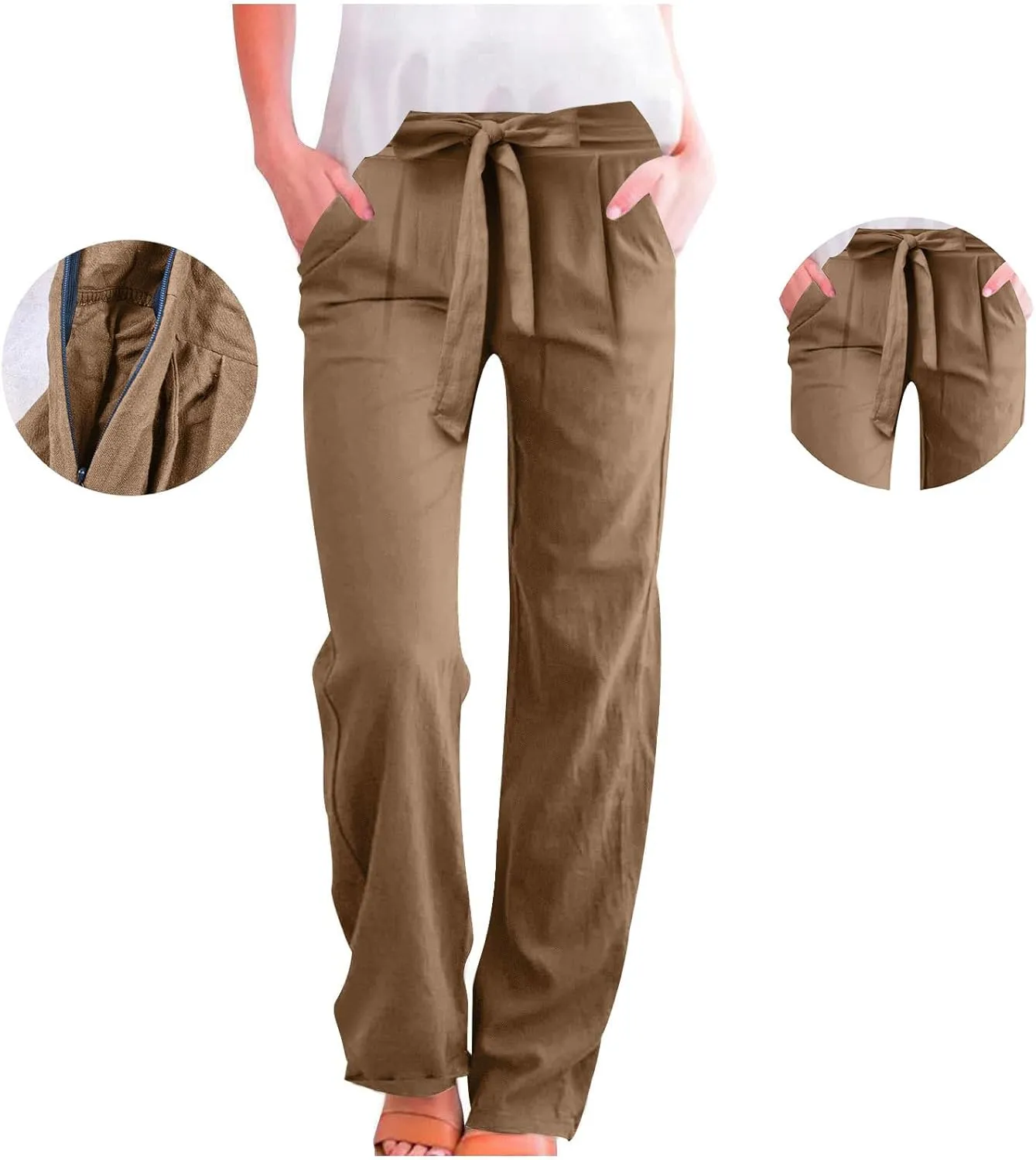 Womens Linen Cotton Pants Casual Straight Leg Work Pants with Pockets 2025 Summer Trendy Dressy Pants Tie Front Pants