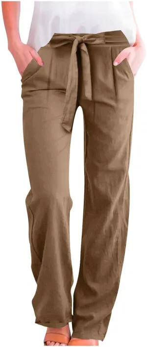Womens Linen Cotton Pants Casual Straight Leg Work Pants with Pockets 2025 Summer Trendy Dressy Pants Tie Front Pants