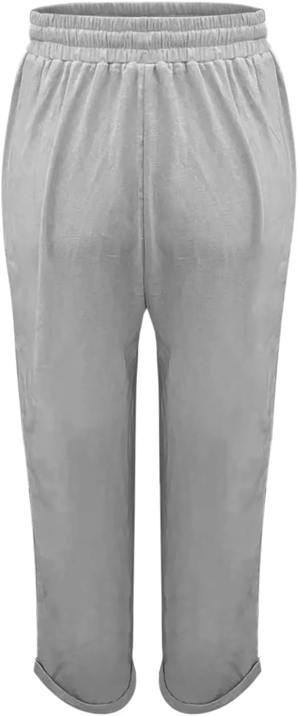 Womens Linen Pants High Waist Loose Fit Summer Straight Pants Drawstring Elastic Oversize Solid Color Casual Trouser