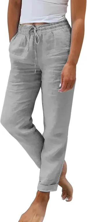 Womens Linen Pants High Waist Loose Fit Summer Straight Pants Drawstring Elastic Oversize Solid Color Casual Trouser