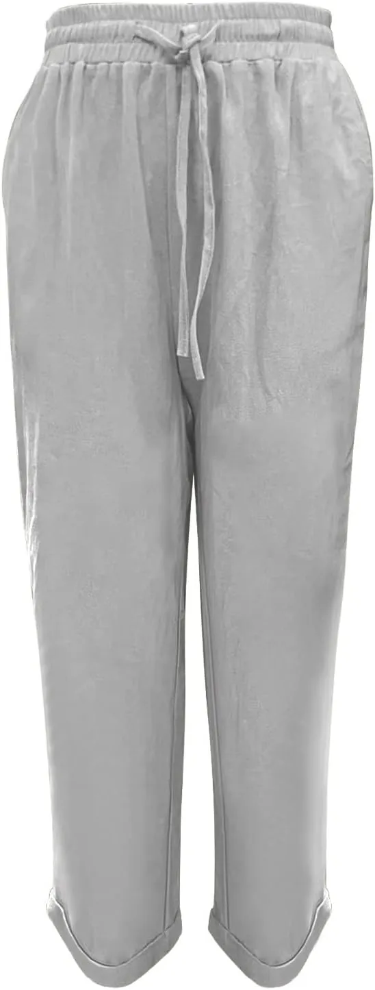 Womens Linen Pants High Waist Loose Fit Summer Straight Pants Drawstring Elastic Oversize Solid Color Casual Trouser