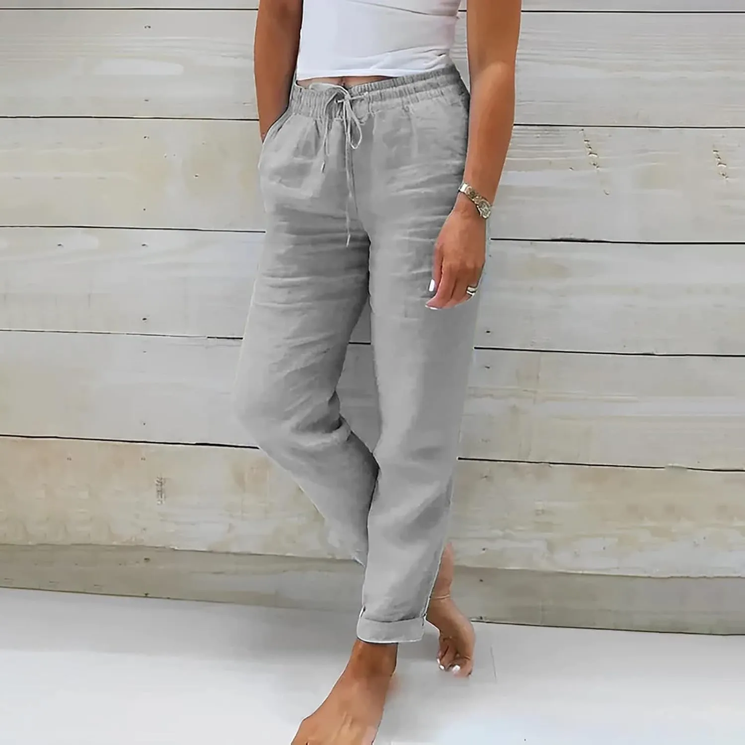 Womens Linen Pants High Waist Loose Fit Summer Straight Pants Drawstring Elastic Oversize Solid Color Casual Trouser