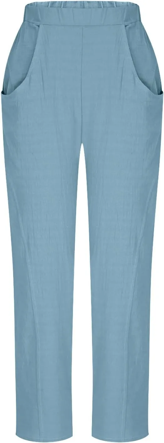 Womens Linen Wide Leg Pants Casual Loose Elastic Waisted Trousers Summer Beach Travel Vacation Harem Pants with Pocket
