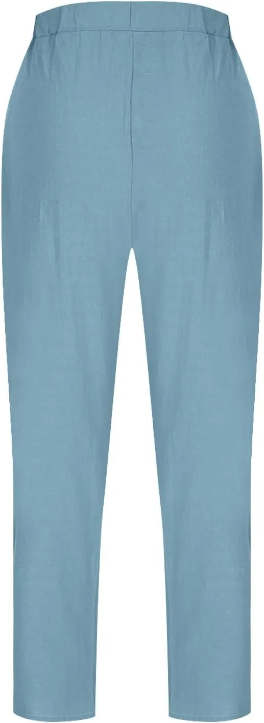 Womens Linen Wide Leg Pants Casual Loose Elastic Waisted Trousers Summer Beach Travel Vacation Harem Pants with Pocket