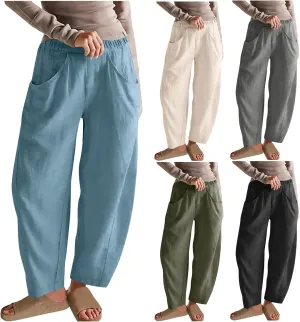 Womens Linen Wide Leg Pants Casual Loose Elastic Waisted Trousers Summer Beach Travel Vacation Harem Pants with Pocket