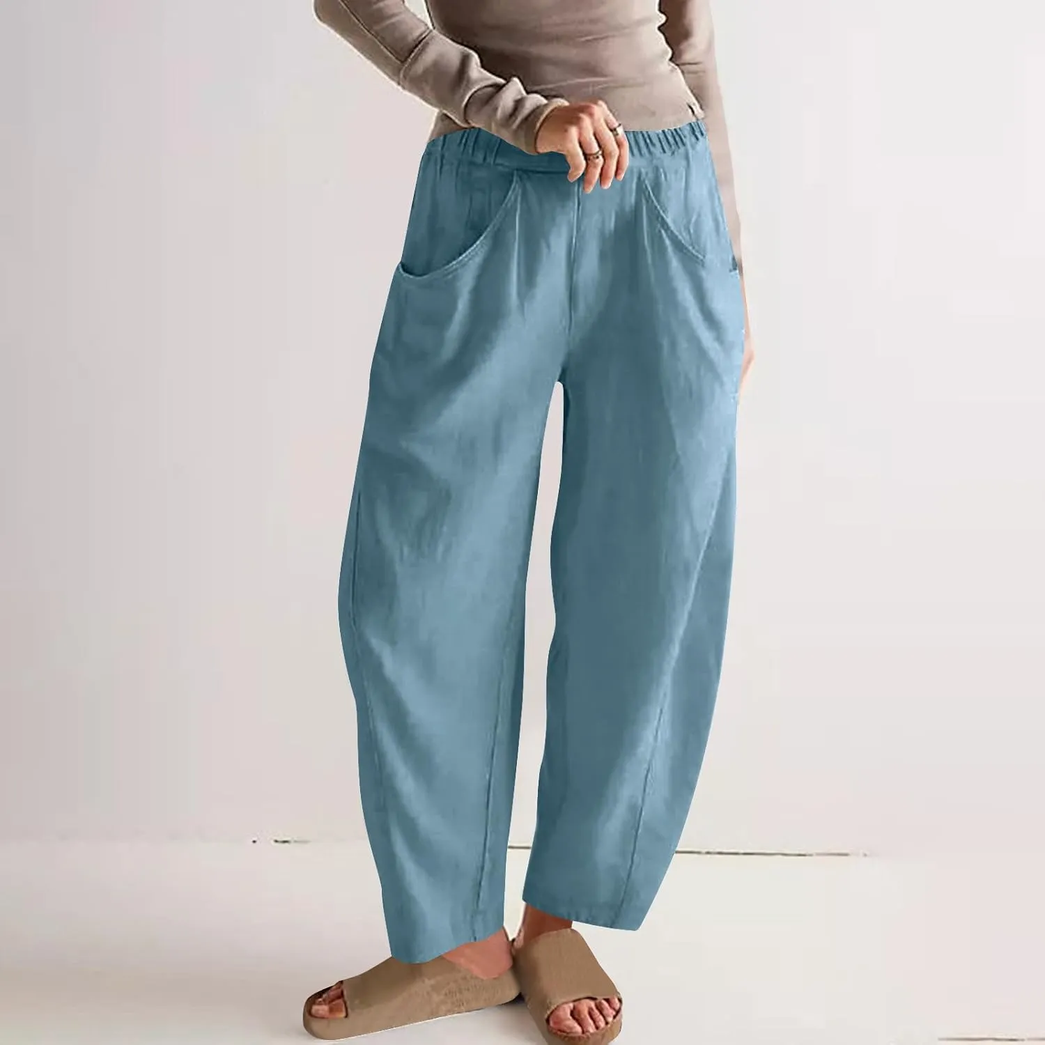 Womens Linen Wide Leg Pants Casual Loose Elastic Waisted Trousers Summer Beach Travel Vacation Harem Pants with Pocket