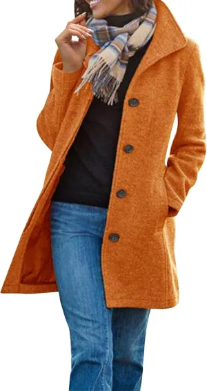 Womens Long Coat Womens Pea Coat Elegant Single Breasted Winter Trench Coat Dressy Casual Thicken Wool Blend Blazer Jacket with Pockets Khaki Xx-Large