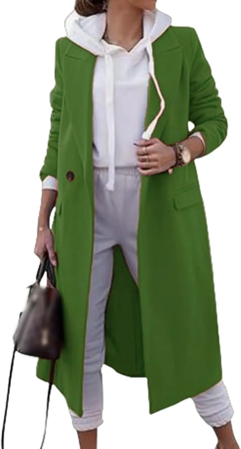 Women's Long Coat Wool Blend Trench Jacket Lapel Collar Double Breasted Peacoat Thick Warm Winter Outwear with Pocket