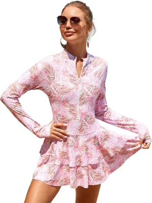 Women's Long Sleeve Rash Guard Zipper Printed One-Piece Surfing Swimsuit Swim Dress Bathing Suit Modest Swimwear