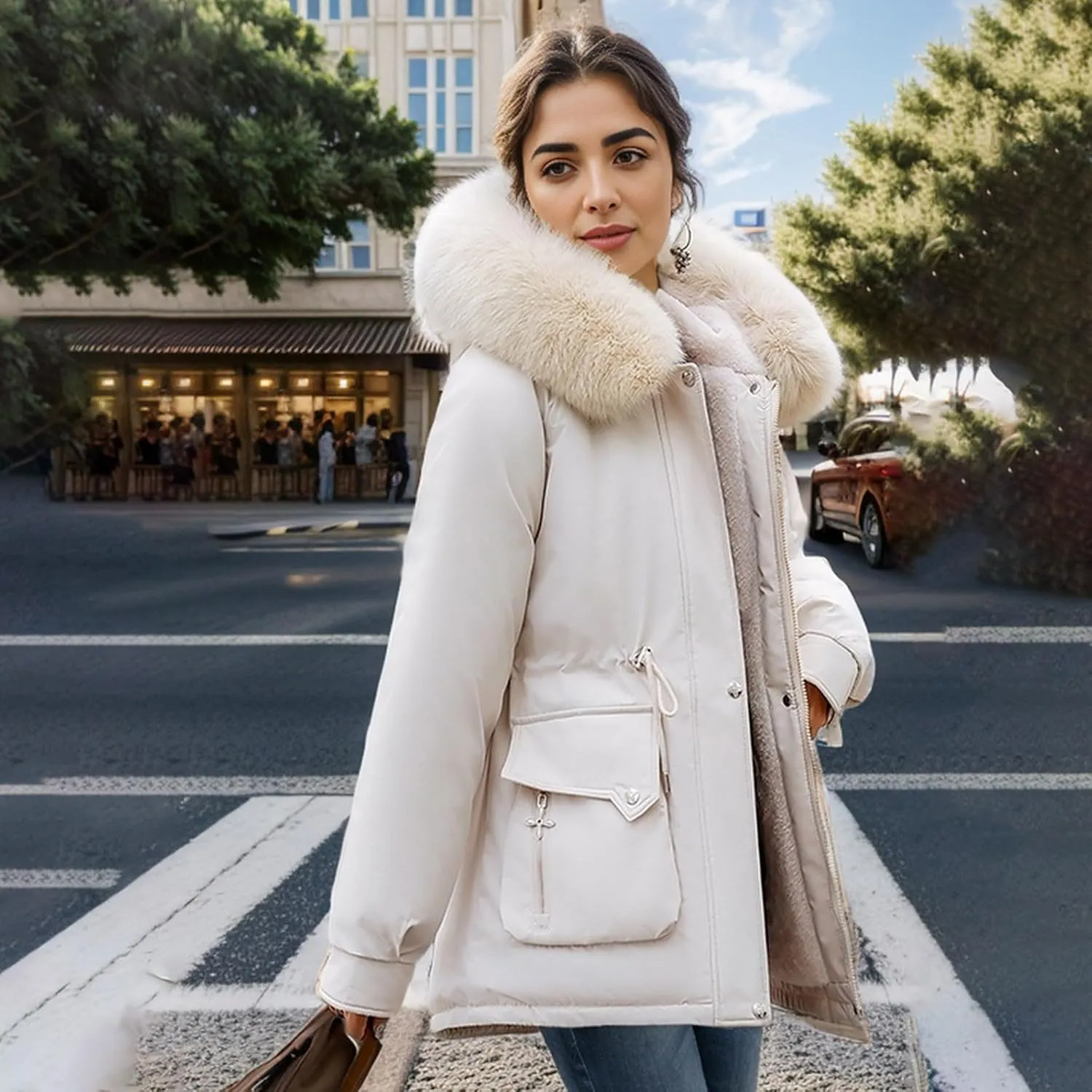 Women's Long Sleeve Winter Parka Coat With Faux Fur Hood Warm Windproof Jacket For Cold