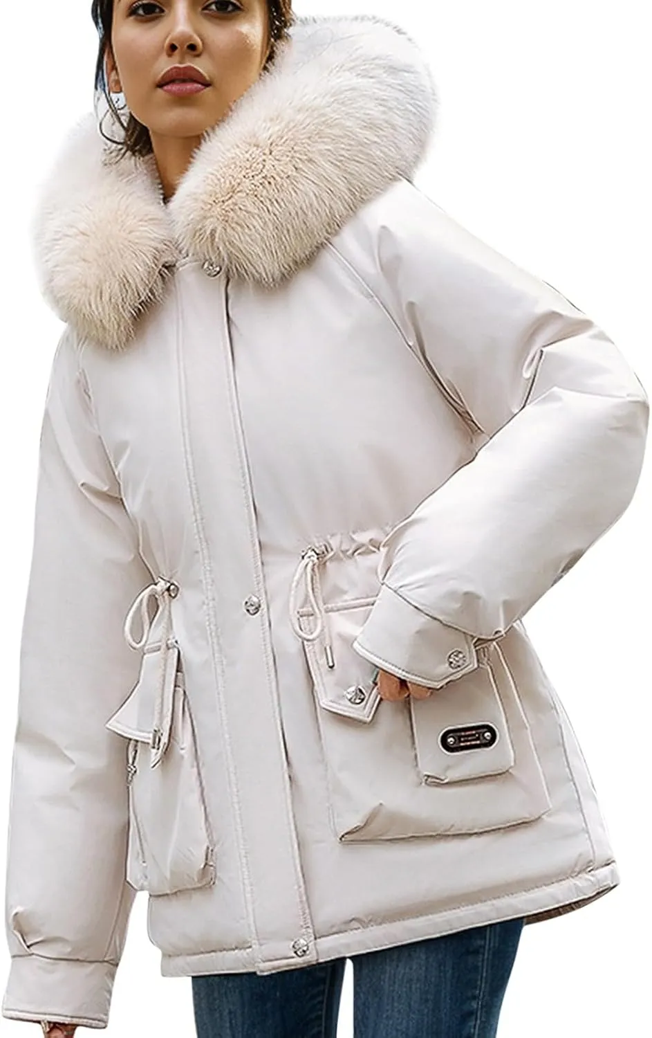 Women's Long Sleeve Winter Parka Coat With Faux Fur Hood Warm Windproof Jacket For Cold