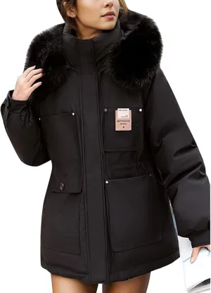 Women's Long Sleeve Winter Parka Coat With Faux Fur Hood Warm Windproof Jacket For Cold