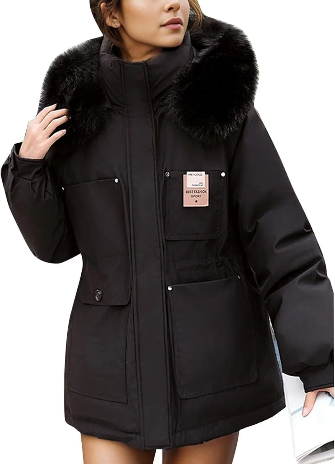 Women's Long Sleeve Winter Parka Coat With Faux Fur Hood Warm Windproof Jacket For Cold