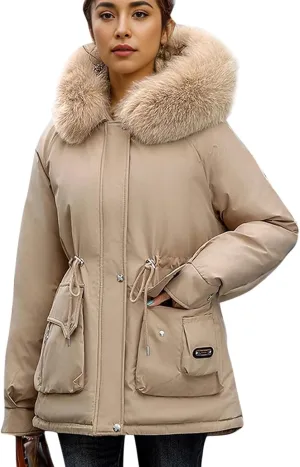 Women's Long Sleeve Winter Parka Coat With Faux Fur Hood Warm Windproof Jacket For Cold