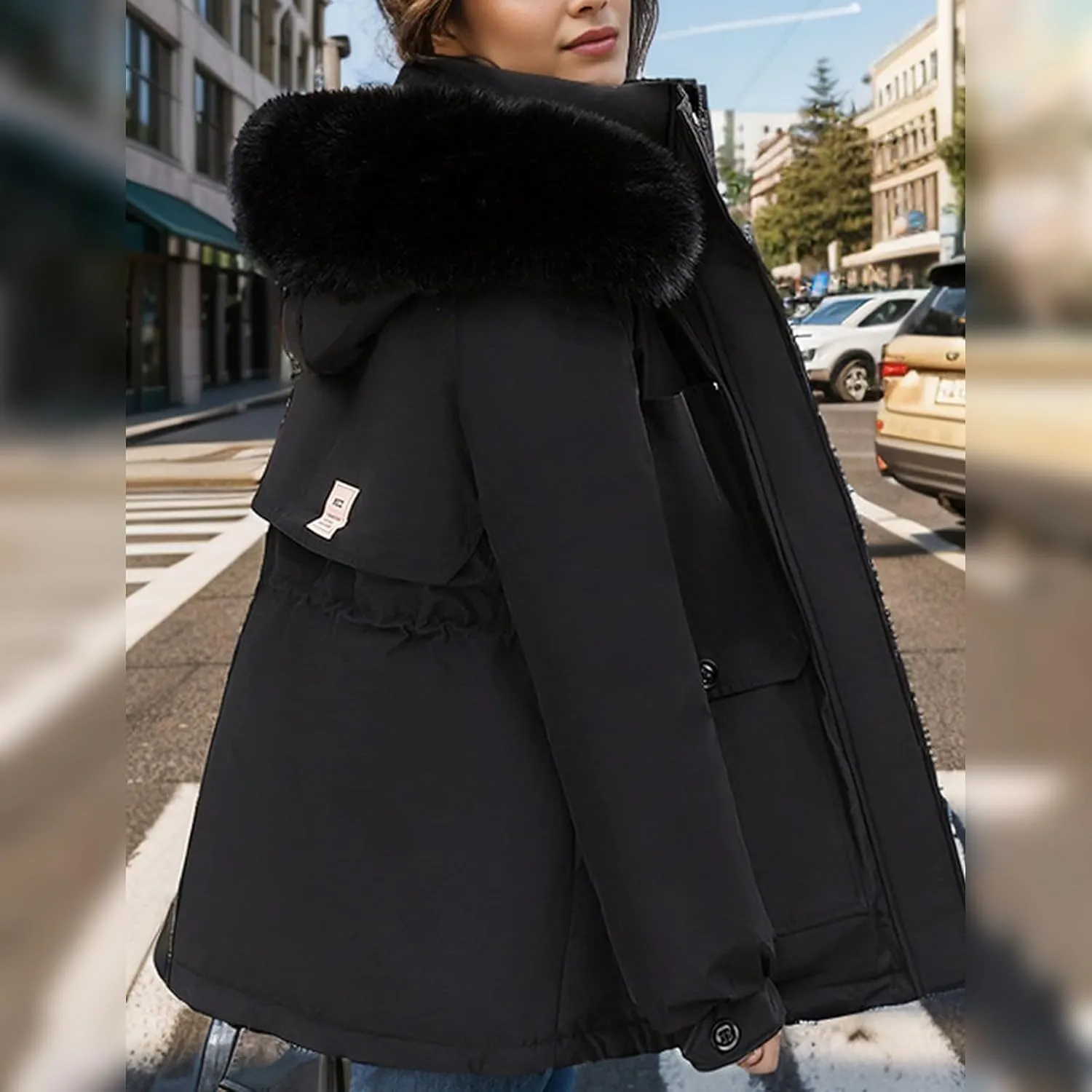 Women's Long Sleeve Winter Parka Coat With Faux Fur Hood Warm Windproof Jacket For Cold