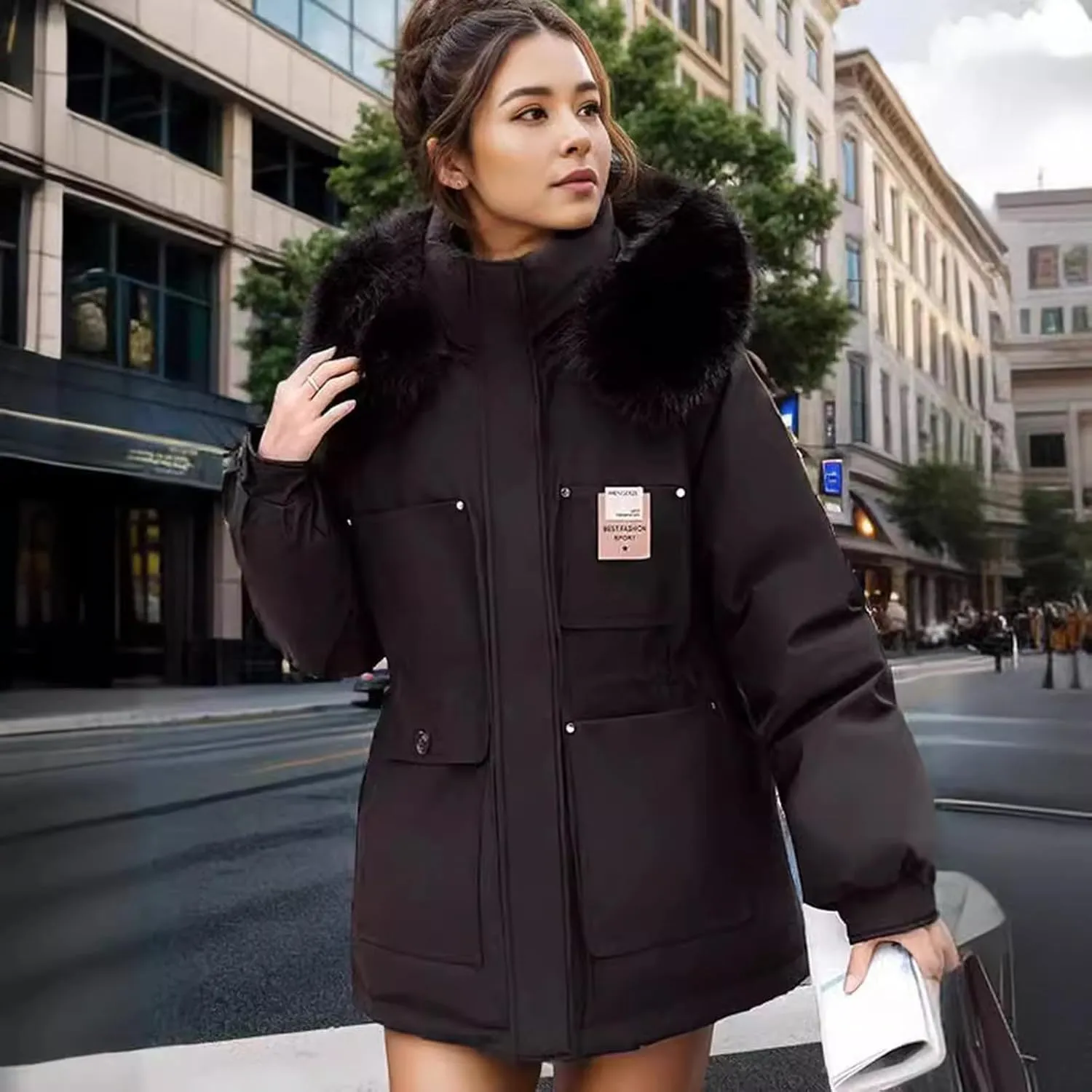 Women's Long Sleeve Winter Parka Coat With Faux Fur Hood Warm Windproof Jacket For Cold