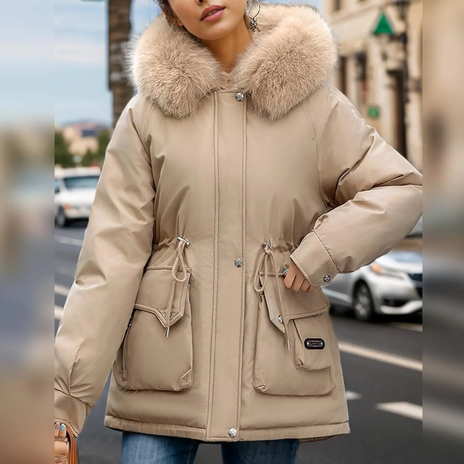 Women's Long Sleeve Winter Parka Coat With Faux Fur Hood Warm Windproof Jacket For Cold