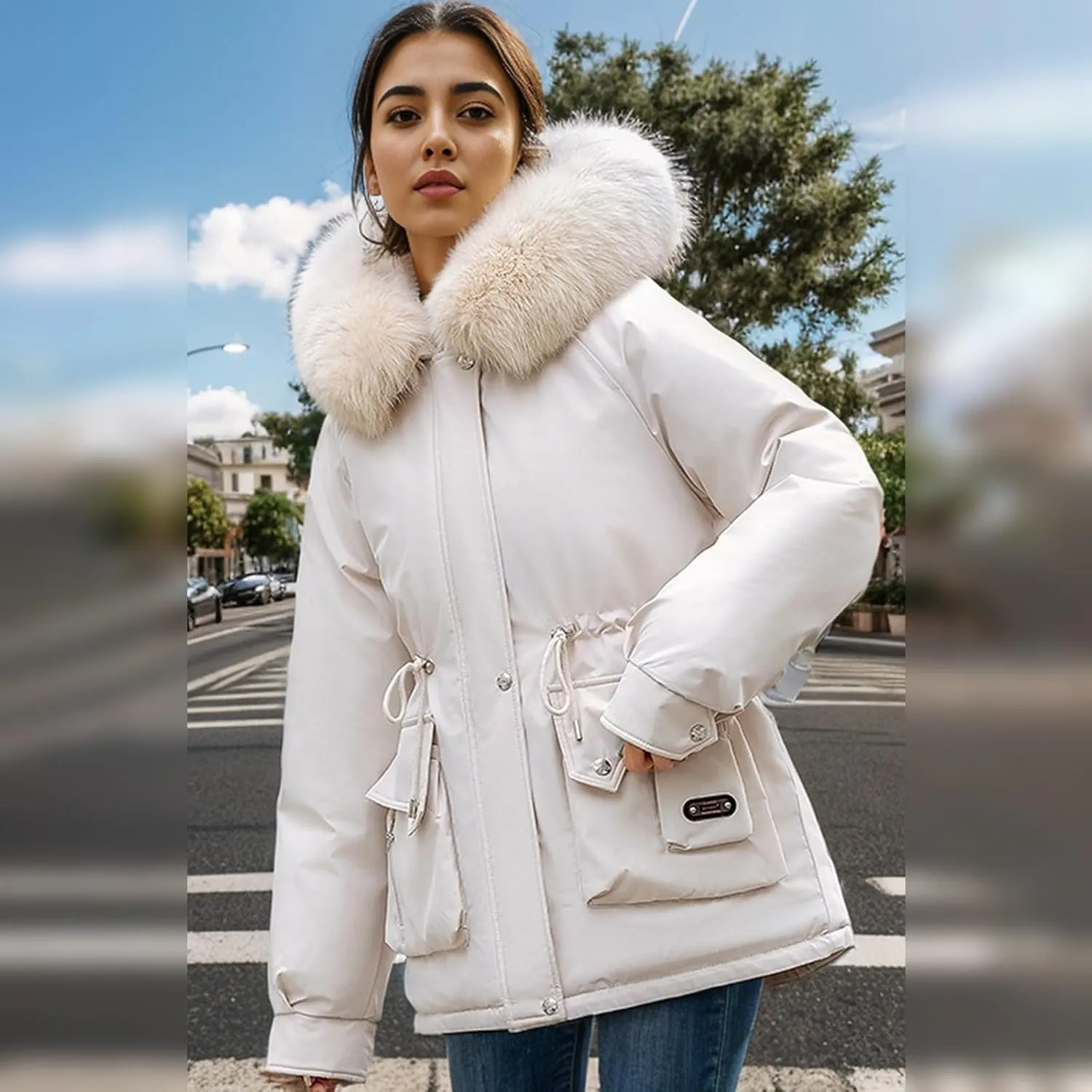 Women's Long Sleeve Winter Parka Coat With Faux Fur Hood Warm Windproof Jacket For Cold