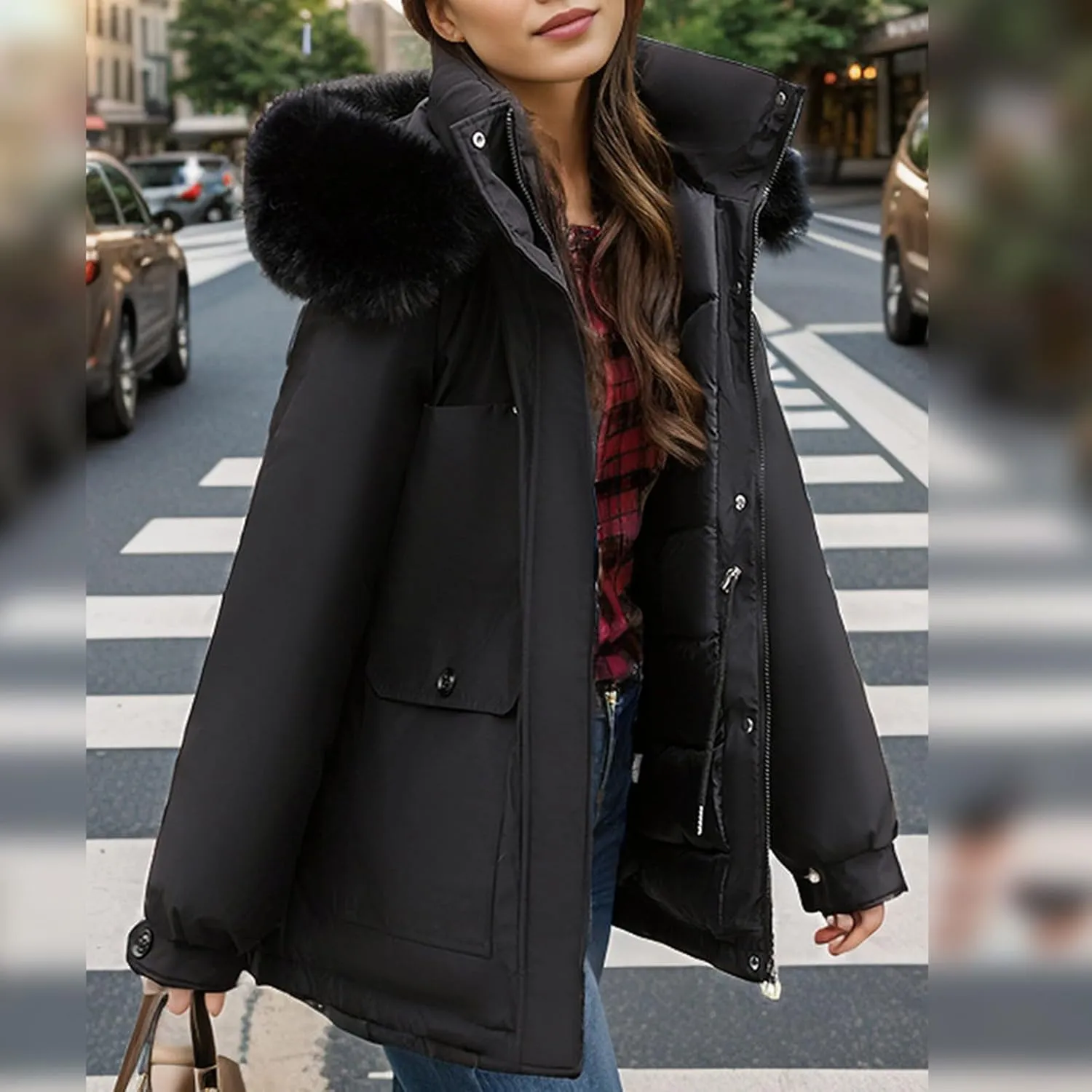 Women's Long Sleeve Winter Parka Coat With Faux Fur Hood Warm Windproof Jacket For Cold