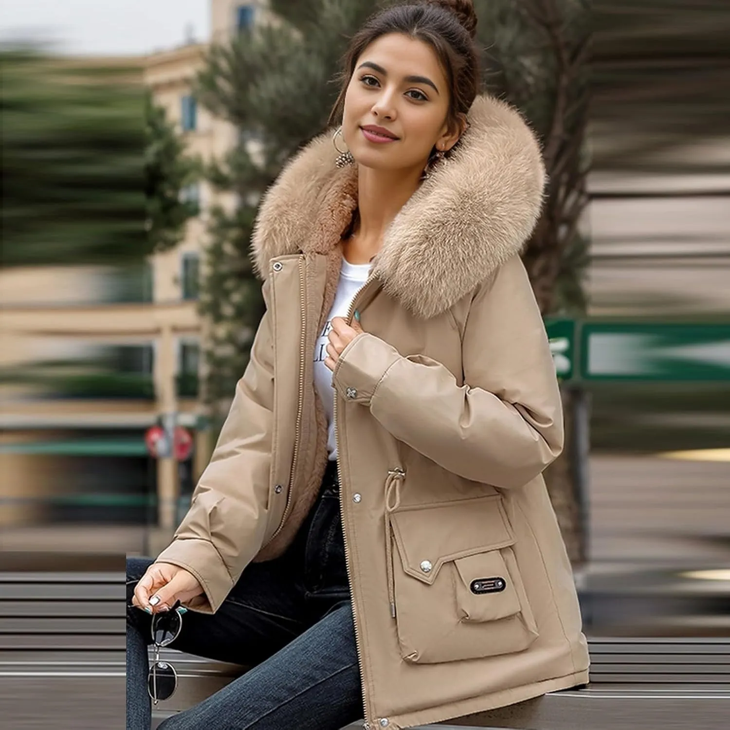 Women's Long Sleeve Winter Parka Coat With Faux Fur Hood Warm Windproof Jacket For Cold