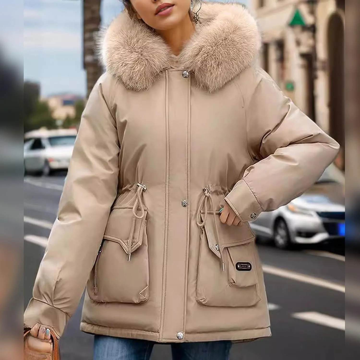 Women's Long Sleeve Winter Parka Coat With Faux Fur Hood Warm Windproof Jacket For Cold