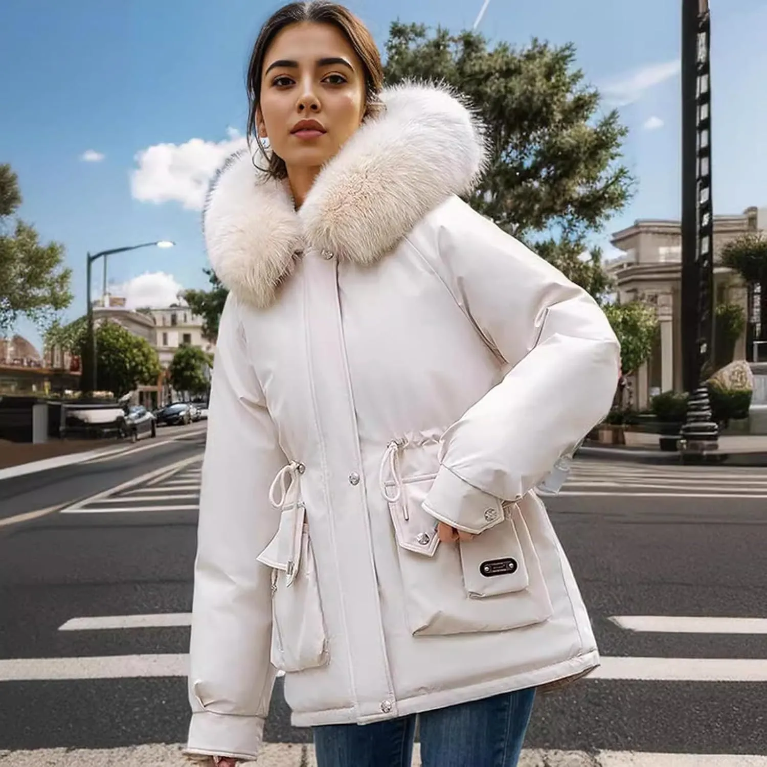 Women's Long Sleeve Winter Parka Coat With Faux Fur Hood Warm Windproof Jacket For Cold