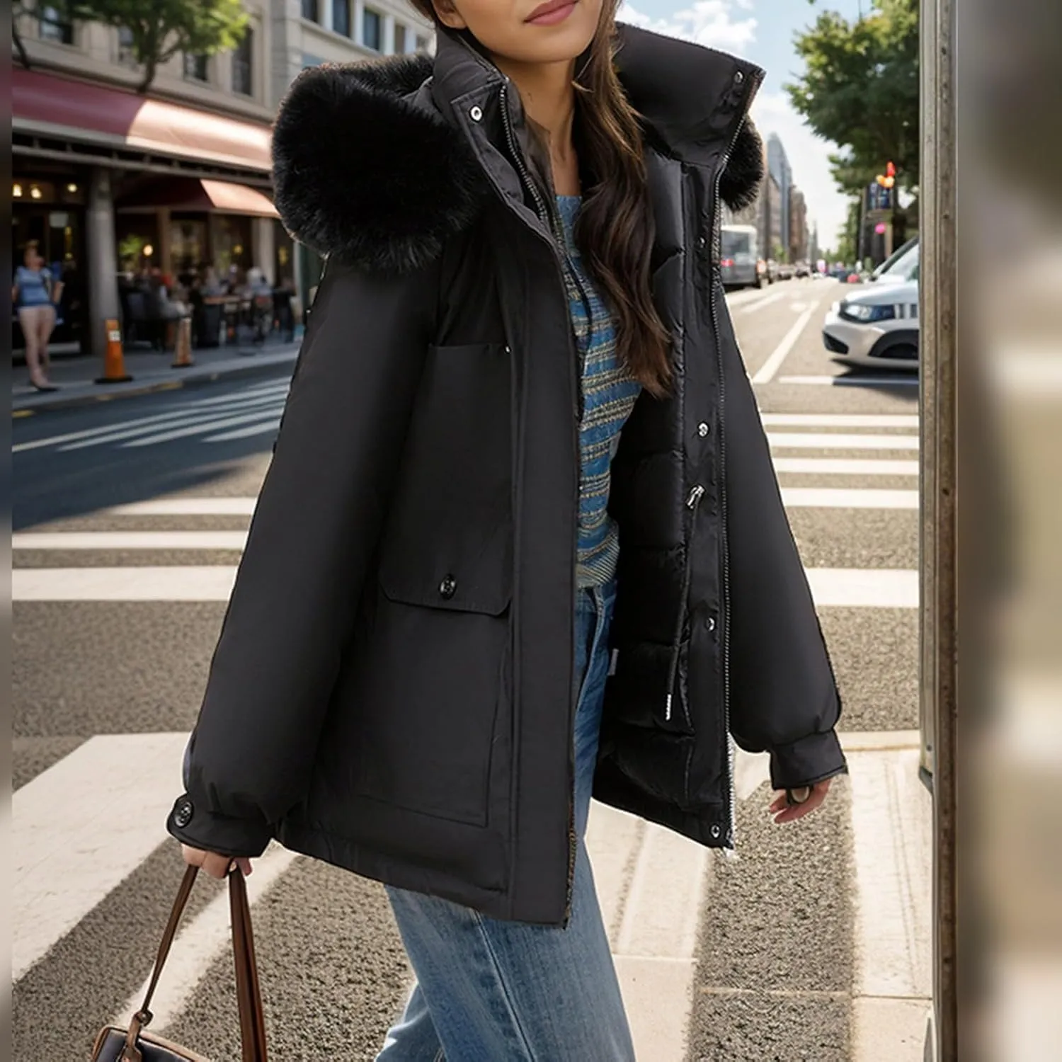 Women's Long Sleeve Winter Parka Coat With Faux Fur Hood Warm Windproof Jacket For Cold