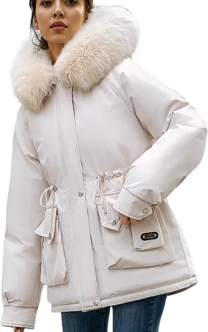Women's Long Sleeve Winter Parka Coat With Faux Fur Hood Warm Windproof Jacket For Cold