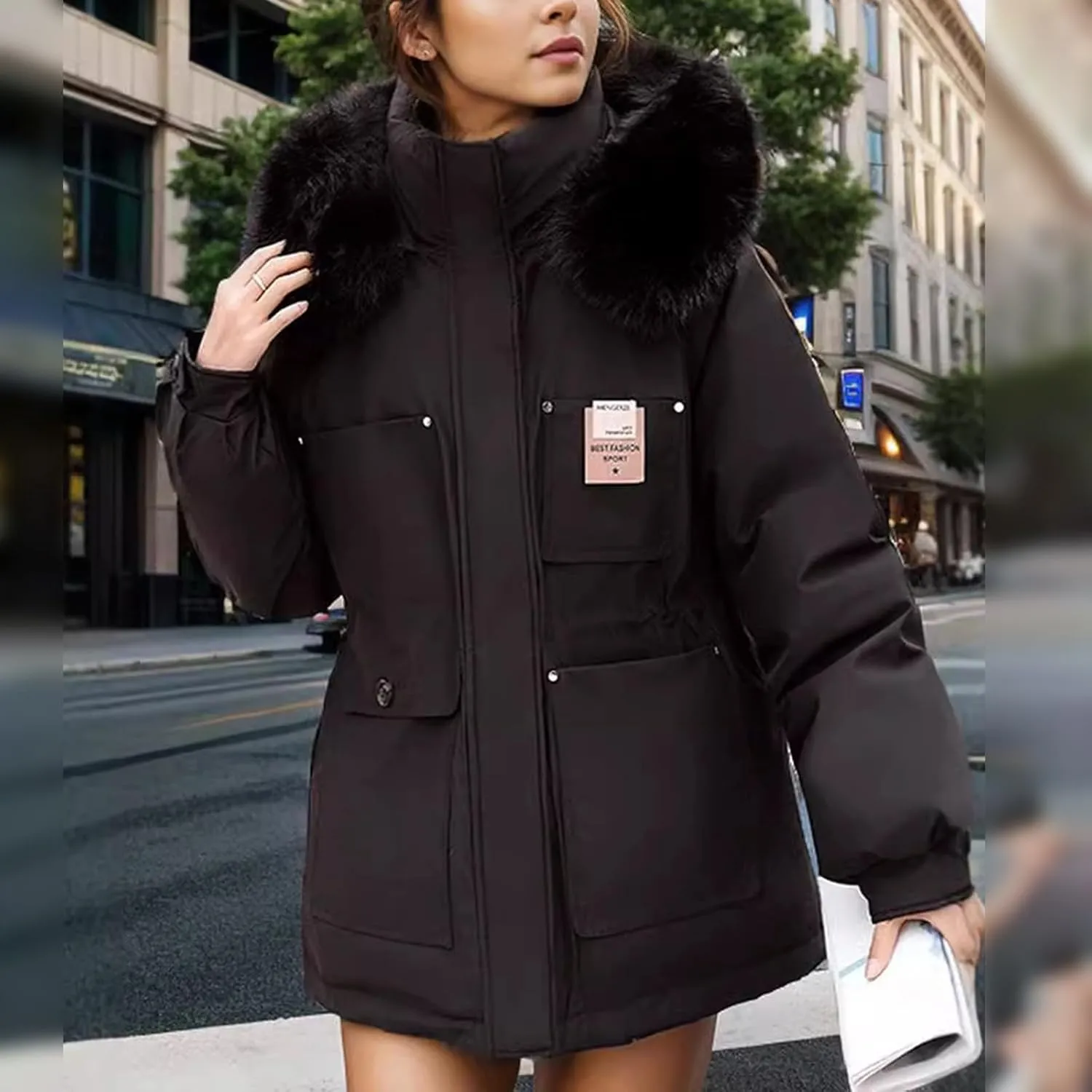 Women's Long Sleeve Winter Parka Coat With Faux Fur Hood Warm Windproof Jacket For Cold