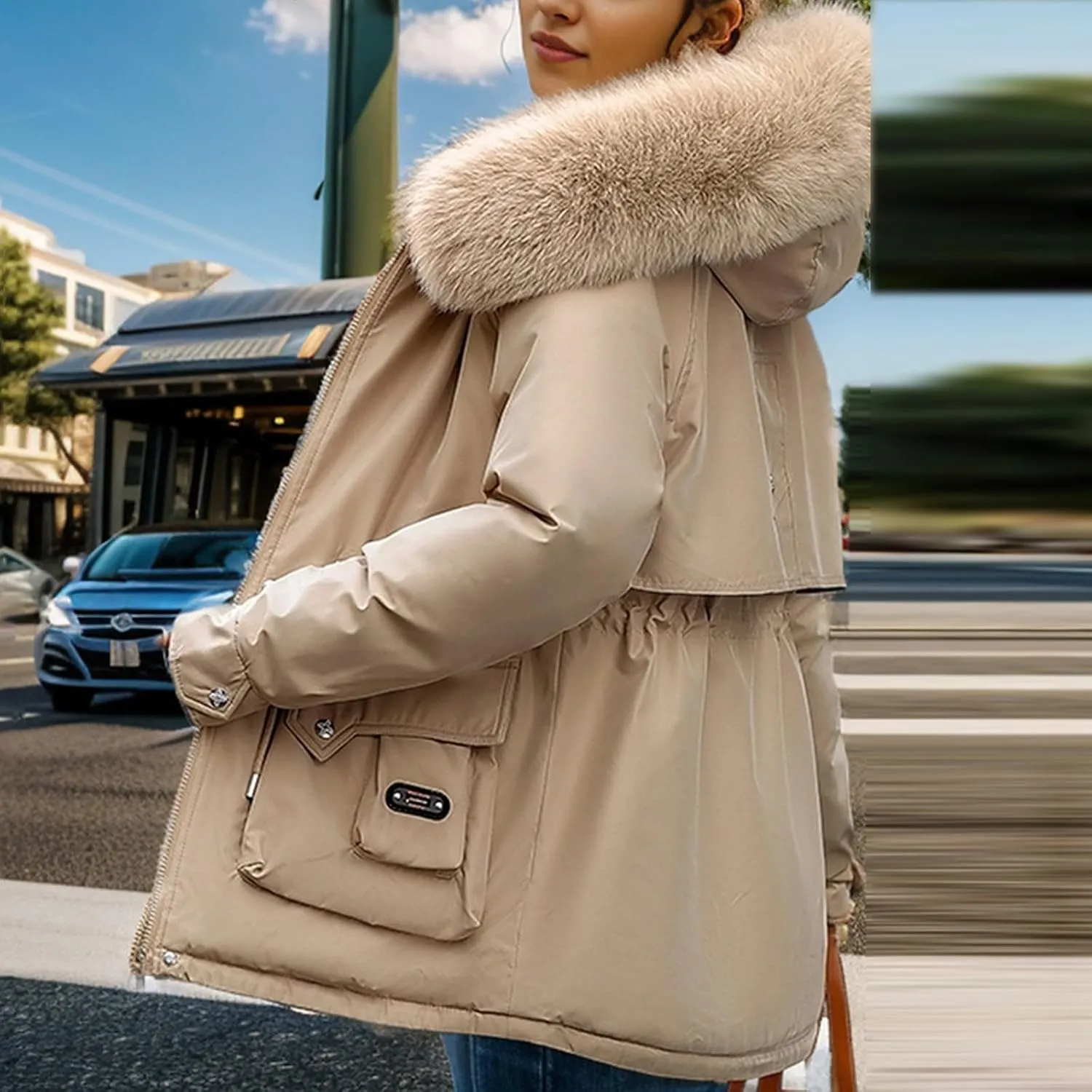 Women's Long Sleeve Winter Parka Coat With Faux Fur Hood Warm Windproof Jacket For Cold