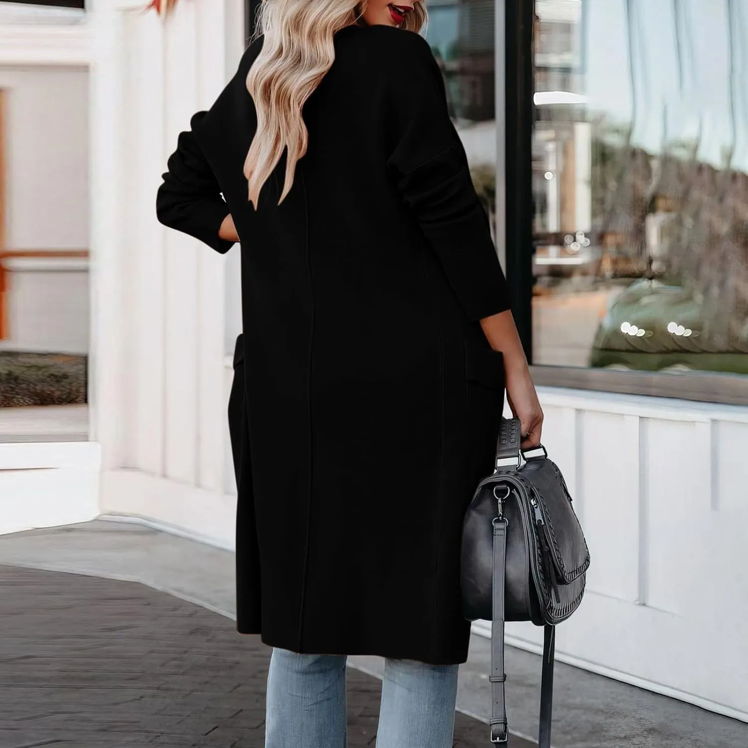 Women's Long Wool Coat Houndstooth Thickened Warm Mid Length Cold And Windproof Coat Trench Costume, S-XL