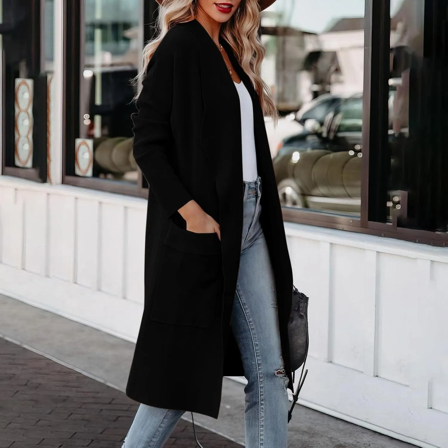 Women's Long Wool Coat Houndstooth Thickened Warm Mid Length Cold And Windproof Coat Trench Costume, S-XL