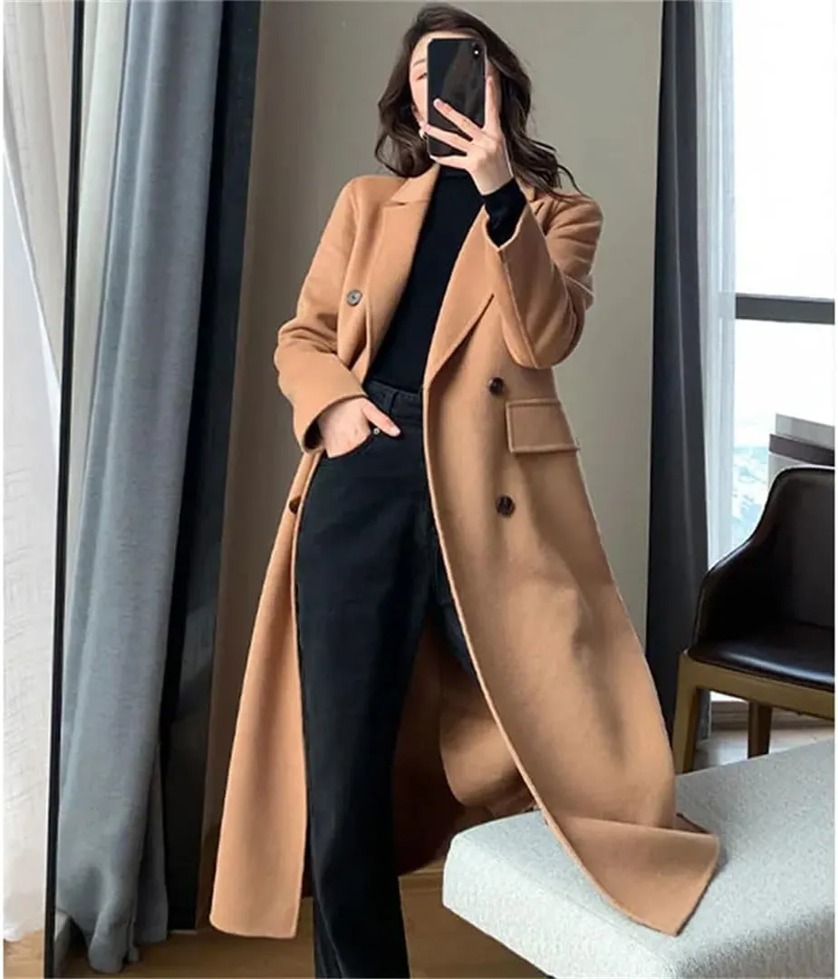 Women's Long Wool Trench Coat Buttons Notch Lapel Long Sleeve Solid Color Loose Overcoat