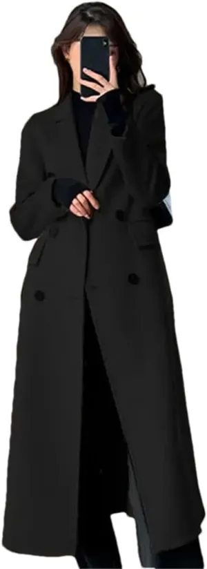 Women's Long Wool Trench Coat Buttons Notch Lapel Long Sleeve Solid Color Loose Overcoat