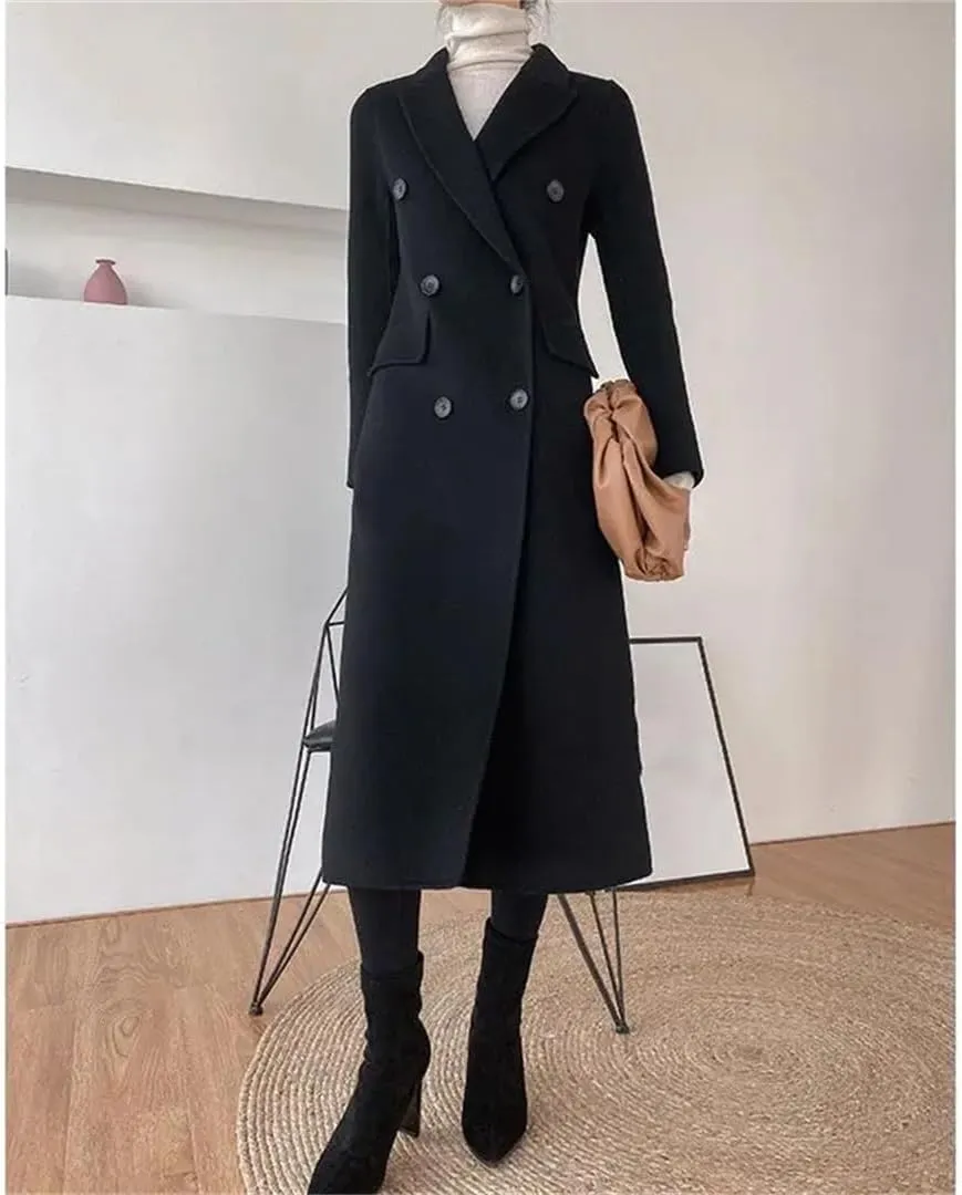 Women's Long Wool Trench Coat Buttons Notch Lapel Long Sleeve Solid Color Loose Overcoat