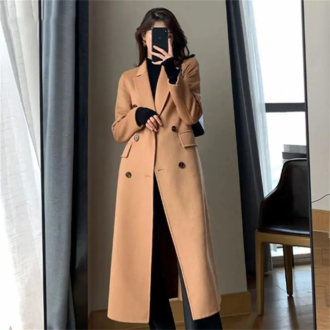 Women's Long Wool Trench Coat Buttons Notch Lapel Long Sleeve Solid Color Loose Overcoat