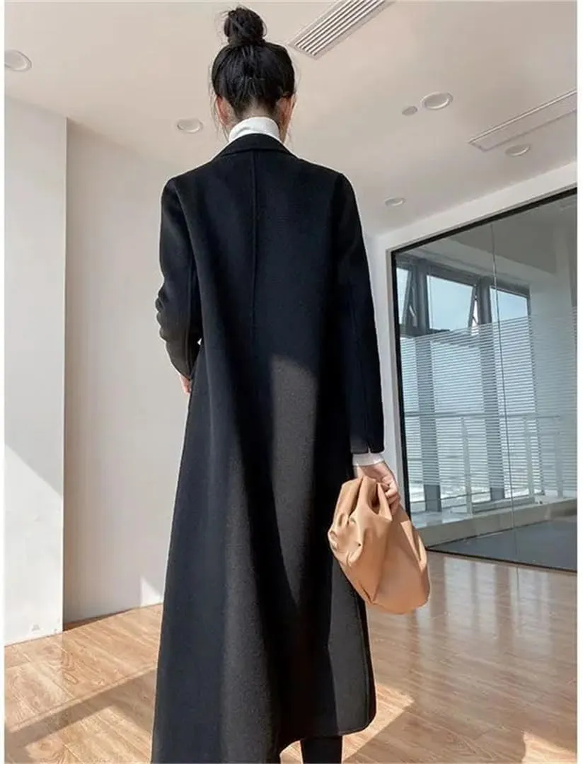 Women's Long Wool Trench Coat Buttons Notch Lapel Long Sleeve Solid Color Loose Overcoat
