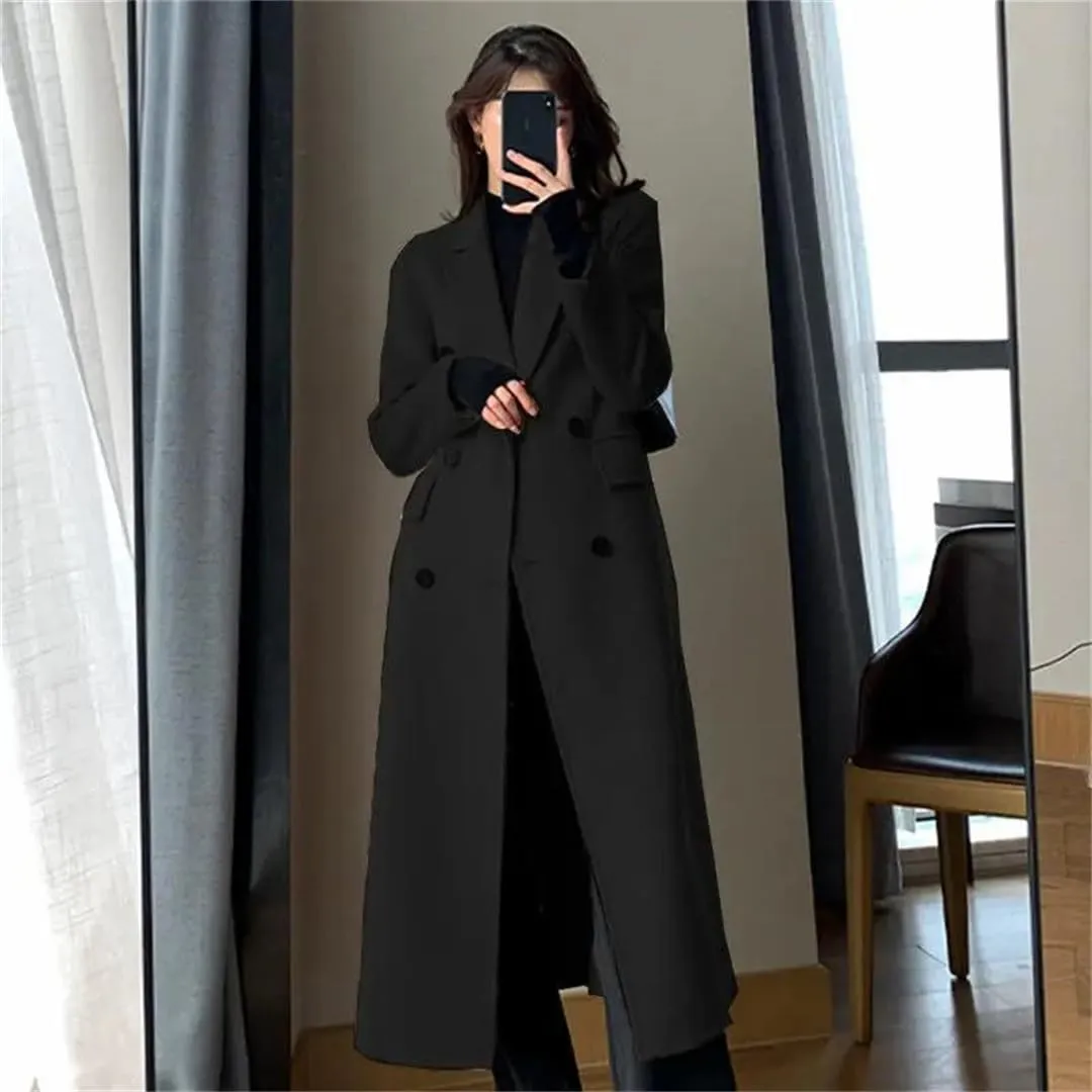 Women's Long Wool Trench Coat Buttons Notch Lapel Long Sleeve Solid Color Loose Overcoat