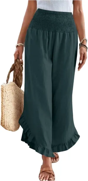 Women's Loose Linen Pants Casual Straight Leg Drawstring Elastic Waist Loose Comfy Trousers with Pockets