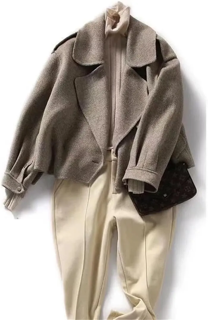 Women's Loose Trench Coat Short Jacket Long Sleeve Solid Color Warm Notch Lapel Jackets