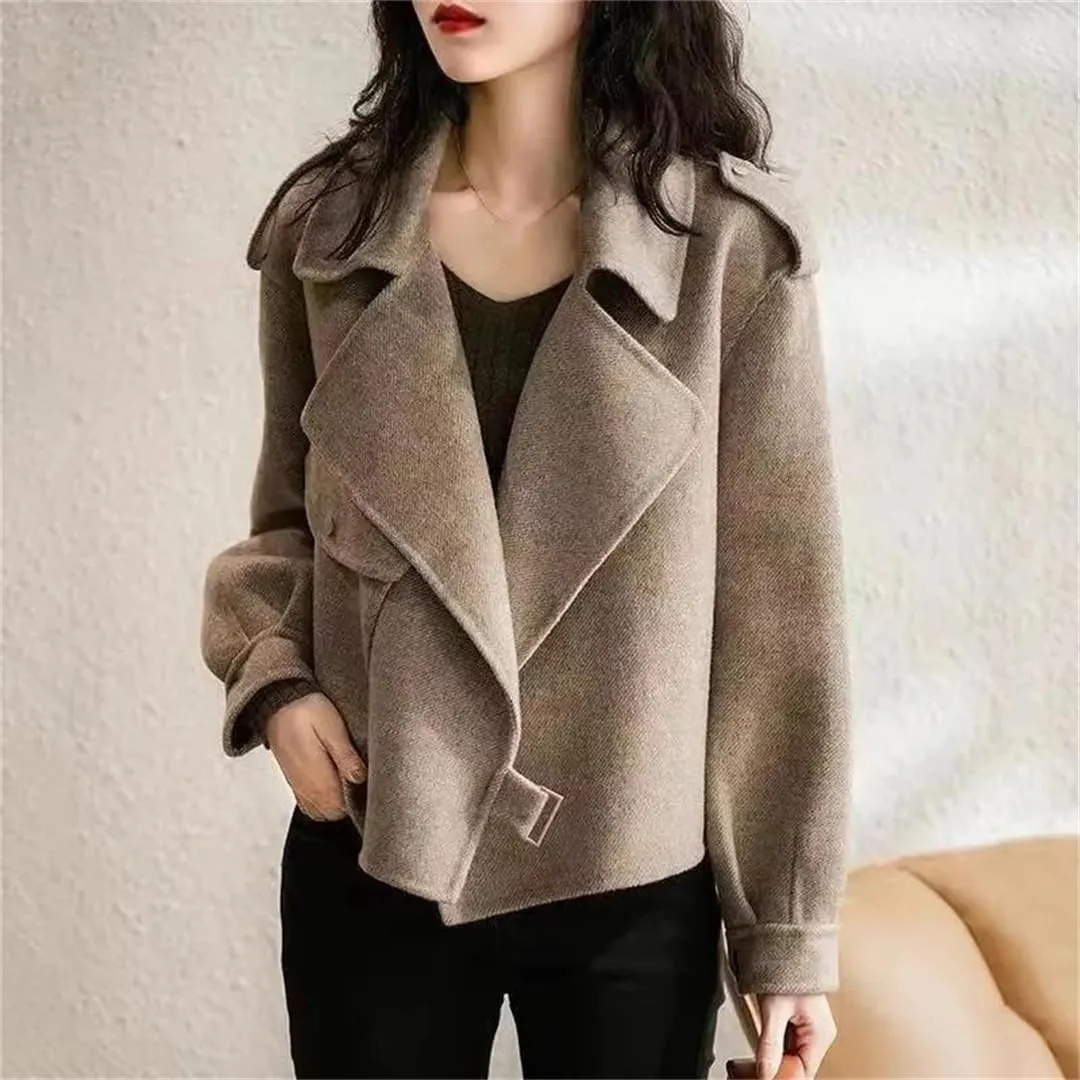 Women's Loose Trench Coat Short Jacket Long Sleeve Solid Color Warm Notch Lapel Jackets