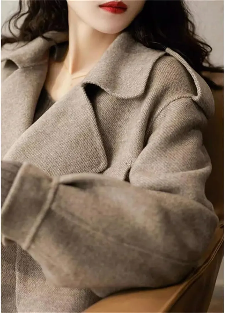 Women's Loose Trench Coat Short Jacket Long Sleeve Solid Color Warm Notch Lapel Jackets