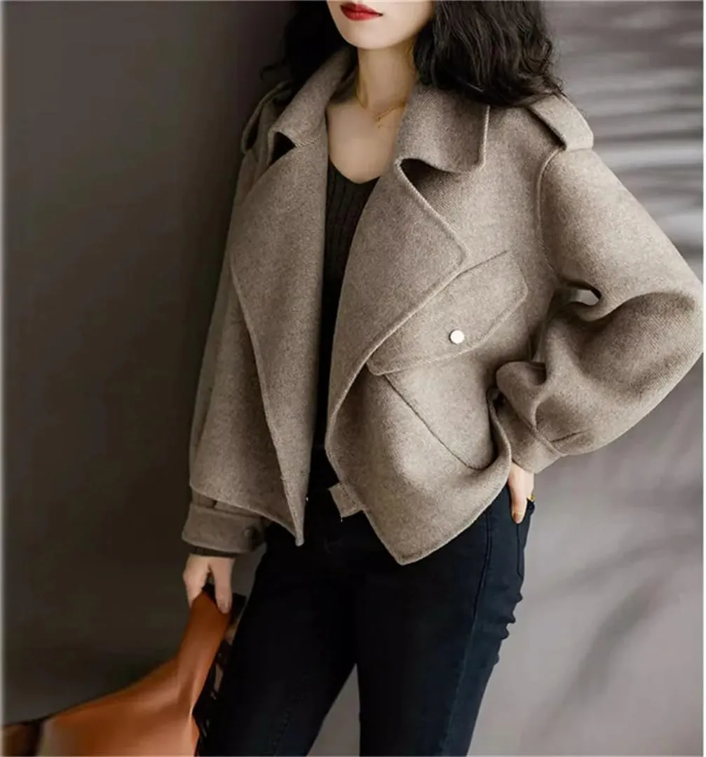 Women's Loose Trench Coat Short Jacket Long Sleeve Solid Color Warm Notch Lapel Jackets
