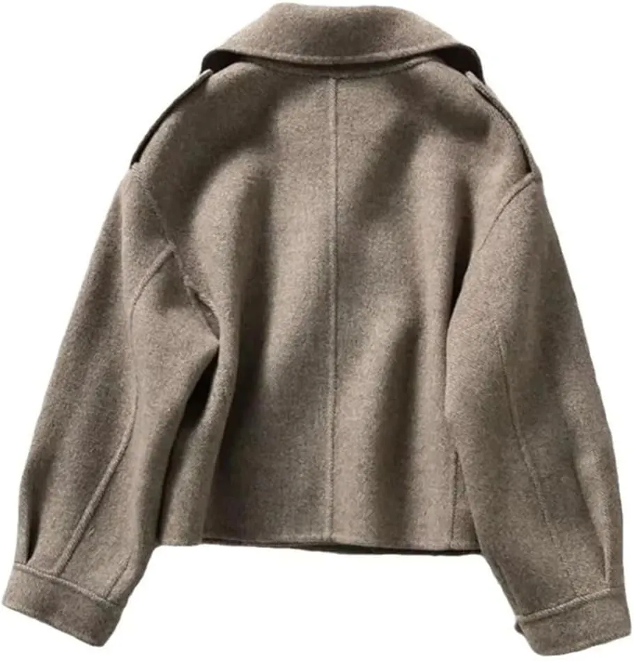 Women's Loose Trench Coat Short Jacket Long Sleeve Solid Color Warm Notch Lapel Jackets