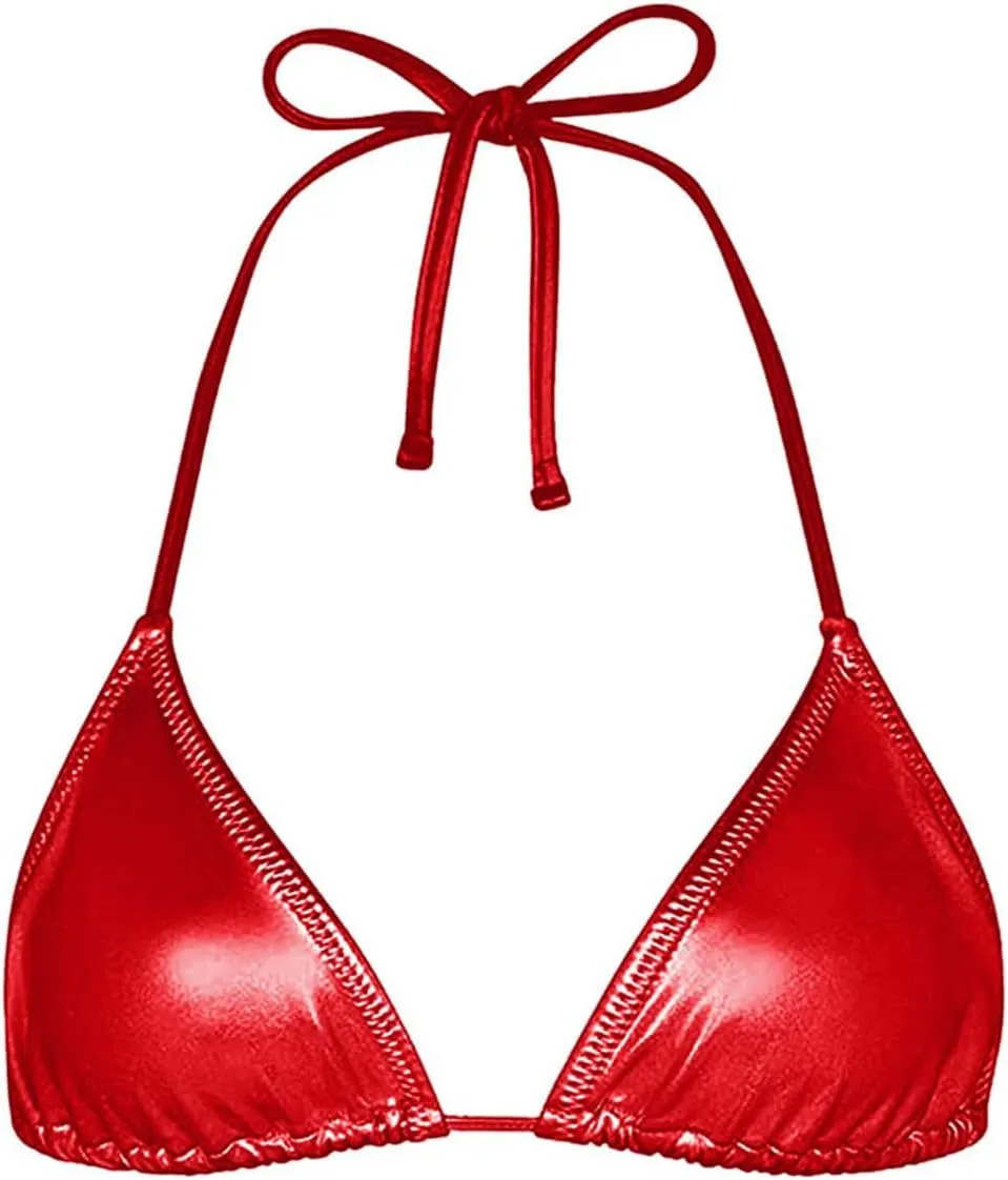 Women's Metallic Bikini Top - Halter Shiny Triangle Bralette Rave Tops Tie Side Swimsuit Bra