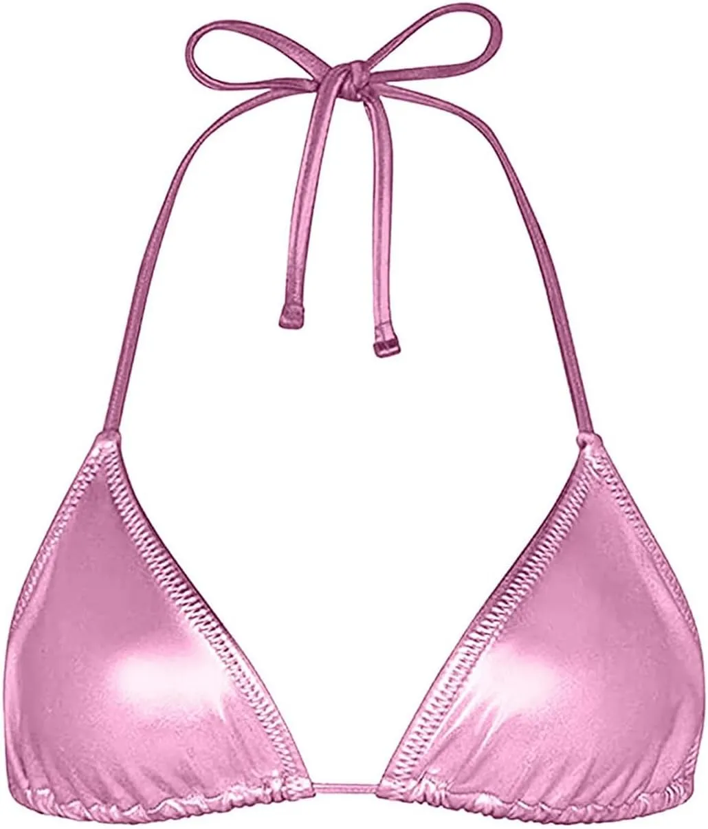 Women's Metallic Bikini Top - Halter Shiny Triangle Bralette Rave Tops Tie Side Swimsuit Bra