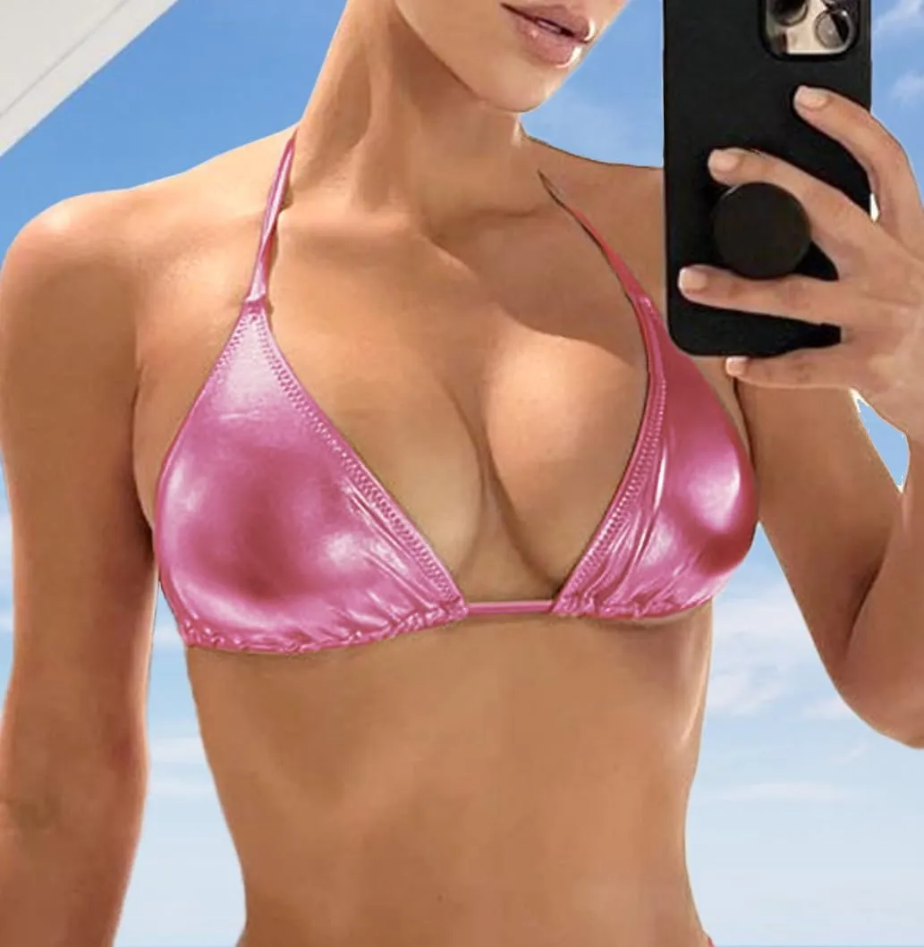 Women's Metallic Bikini Top - Halter Shiny Triangle Bralette Rave Tops Tie Side Swimsuit Bra
